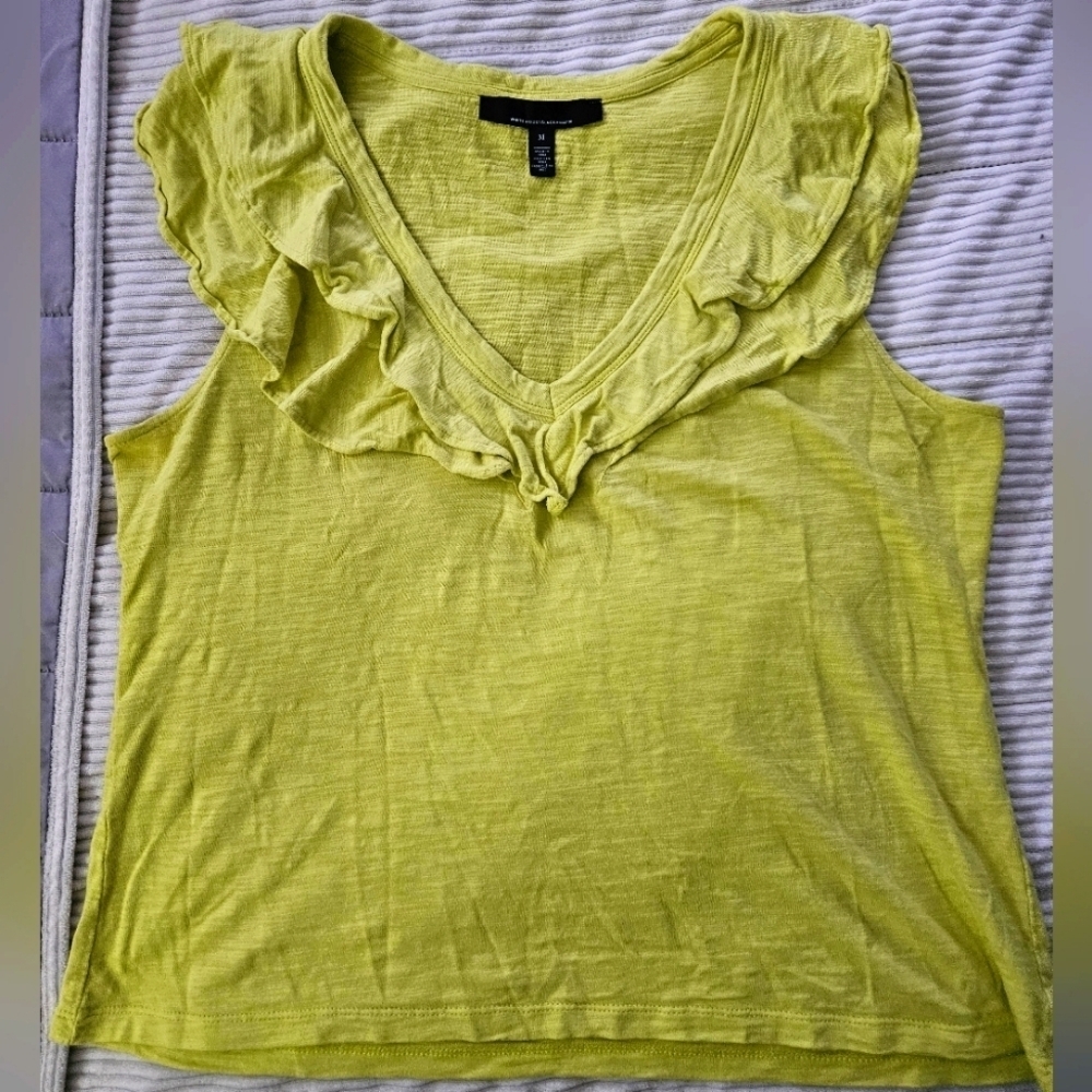 White House Black Market Women's Ruffled V-Neck Top - Yellow/Green